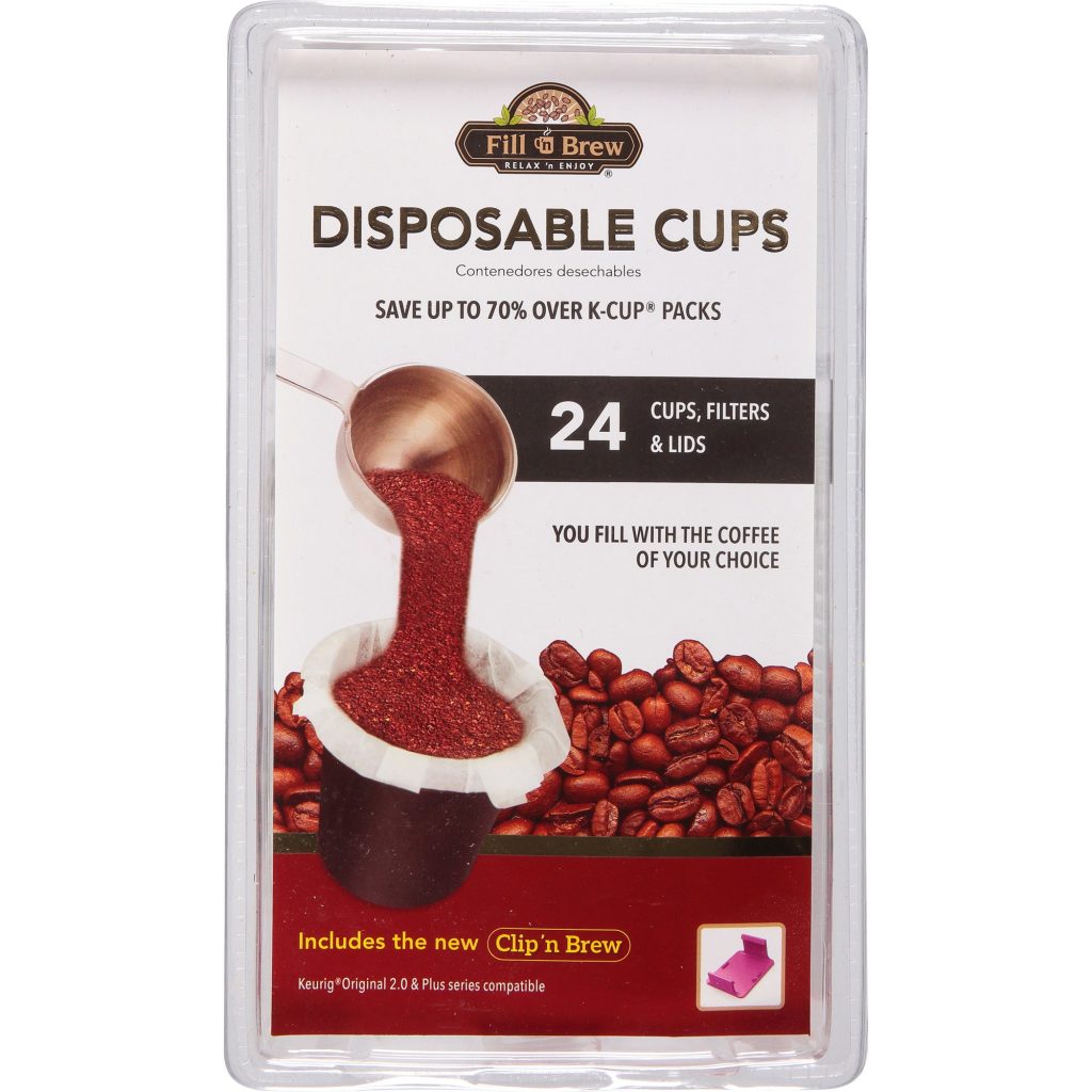 The Fill n' Brew Disposable Cup Kit, with 24 cups, filters and lids.